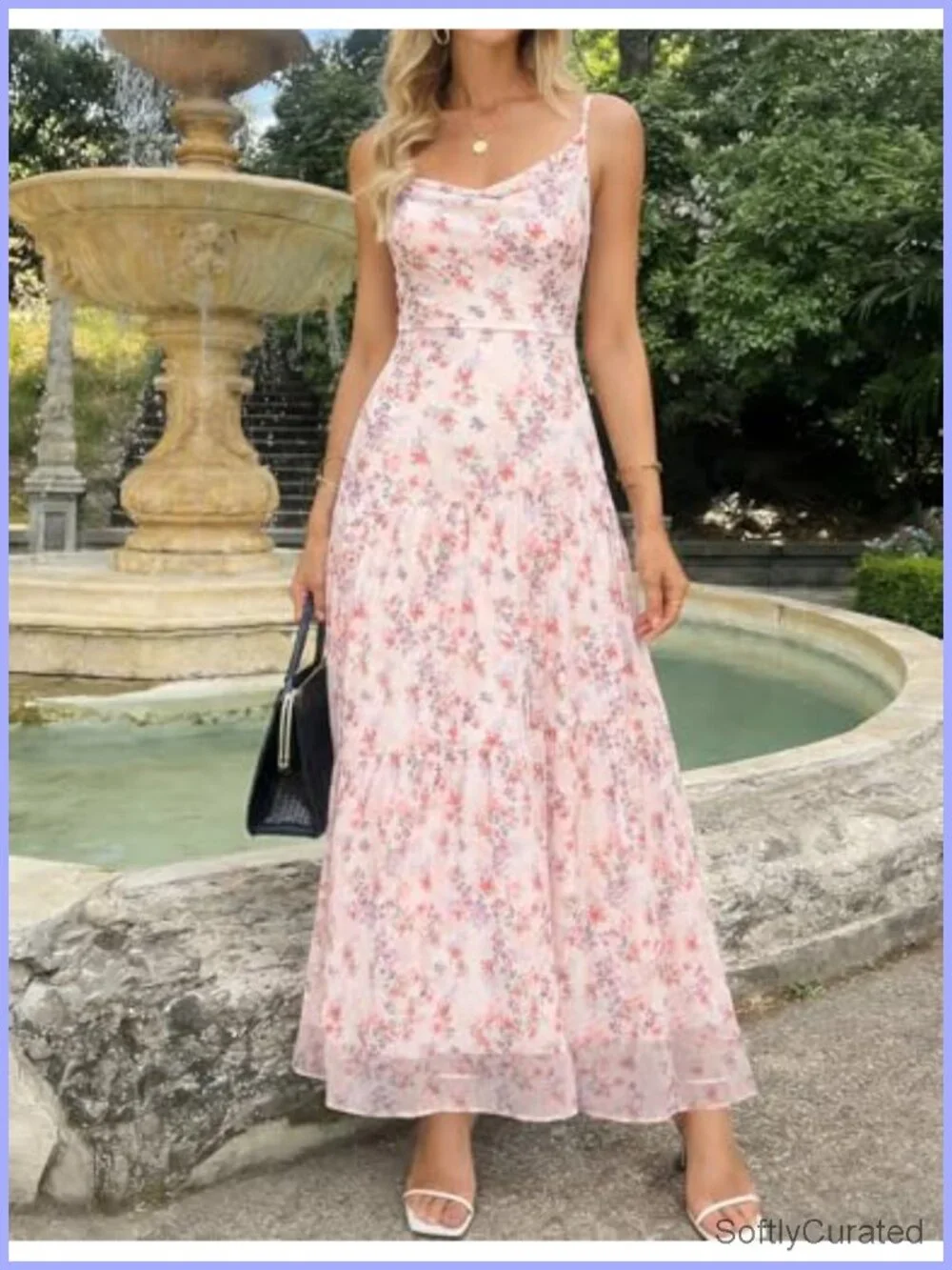 Mesh Floral Sleeveless Spaghetti Strap Cowl Neck Maxi Dress with Lining